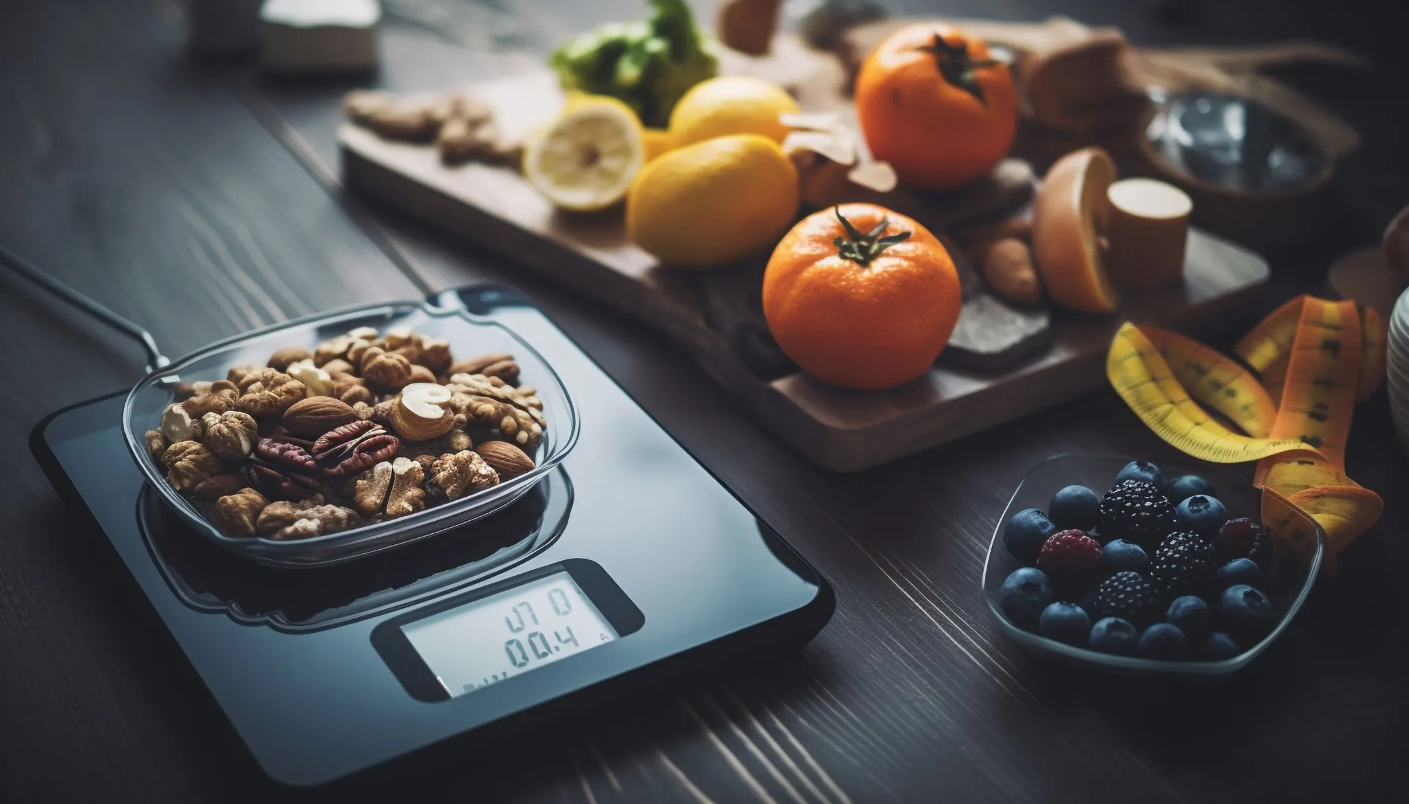 Balança de cozinha com porções de granola e frutas frescas, ilustrando o controle das porções para uma alimentação balanceada.