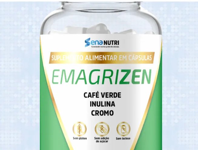 Frasco do suplemento Emagrizen com ingredientes como café verde, inulina e cromo.