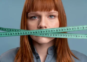 Mulher segurando uma fita métrica na boca, simbolizando o controle e equilíbrio necessário para perder peso sem sofrer