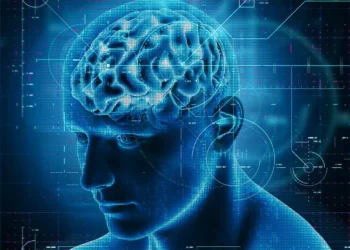 Ilustração digital de um cérebro humano com destaque, representando a interação com a tecnologia