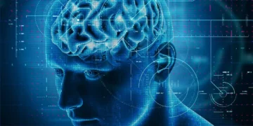 Ilustração digital de um cérebro humano com destaque, representando a interação com a tecnologia