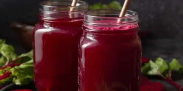 "Sucos de beterraba frescos em frascos de vidro com folhas de beterraba ao fundo."