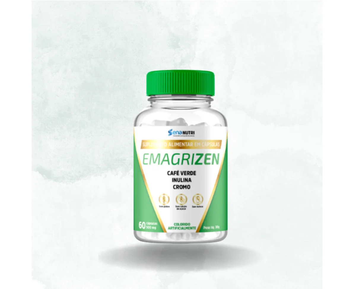 Embalagem do suplemento Emagrizen, com cápsulas de café verde, inulina e cromo, indicado para emagrecimento.