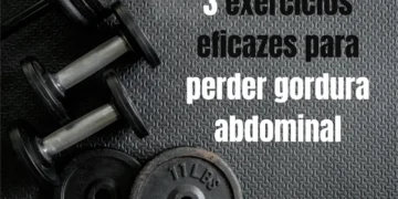 Imagem de halteres sobre um fundo de borracha, com destaque para os exercícios eficazes para perder gordura abdominal e melhorar a imunidade.