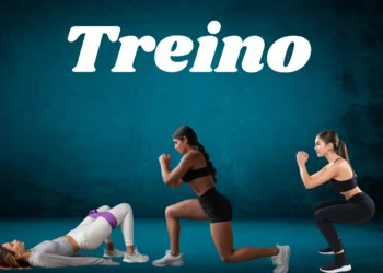 Mulheres realizando exercícios funcionais, como agachamento e elevação de quadril, em um fundo azul.