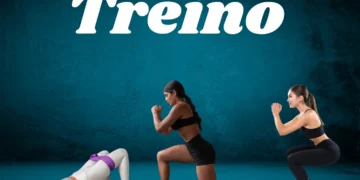 Mulheres realizando exercícios funcionais, como agachamento e elevação de quadril, em um fundo azul.