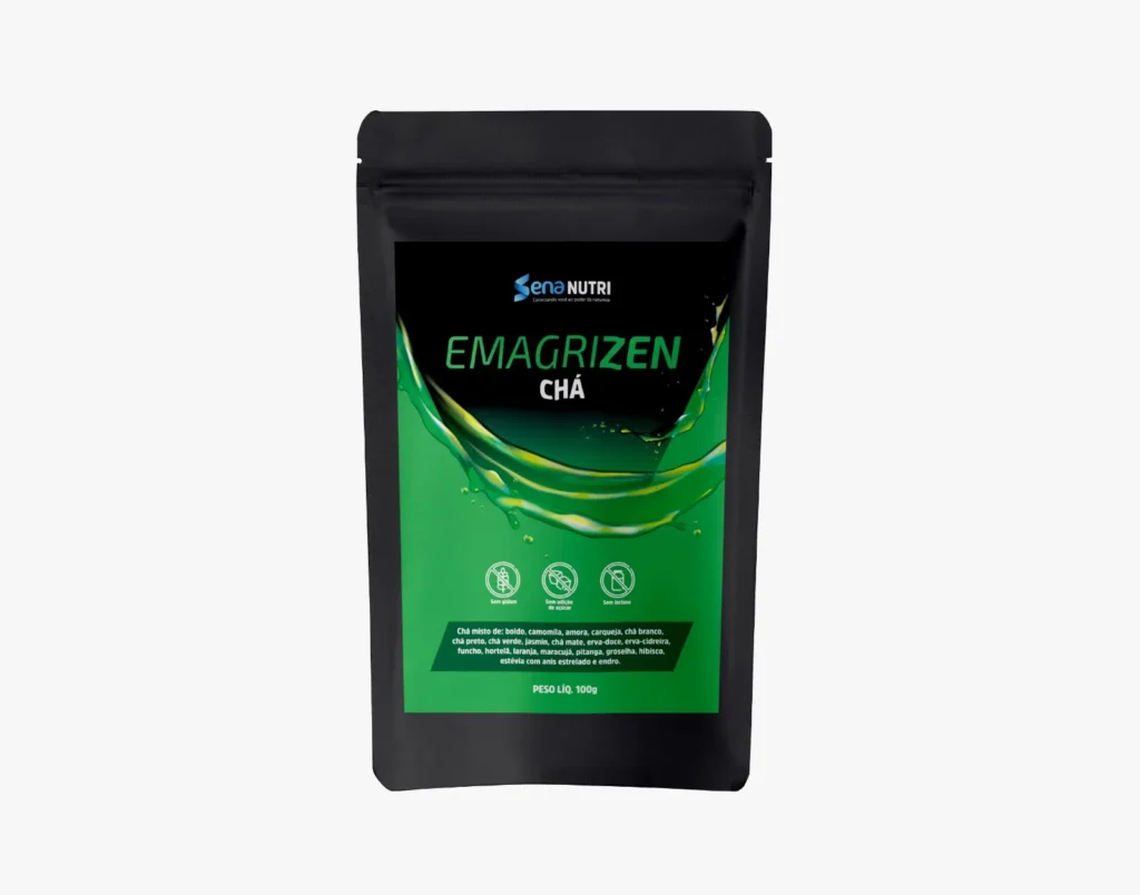 Embalagem de Chá Emagrizen com mistura de ervas como camomila, chá verde, hibisco e outros ingredientes naturais.