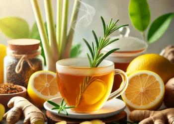 Xícara de chá fumegante com ingredientes naturais como gengibre, capim-limão, limão e alecrim ao redor, transmitindo saúde e bem-estar.