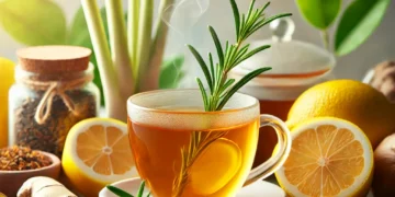 Xícara de chá fumegante com ingredientes naturais como gengibre, capim-limão, limão e alecrim ao redor, transmitindo saúde e bem-estar.
