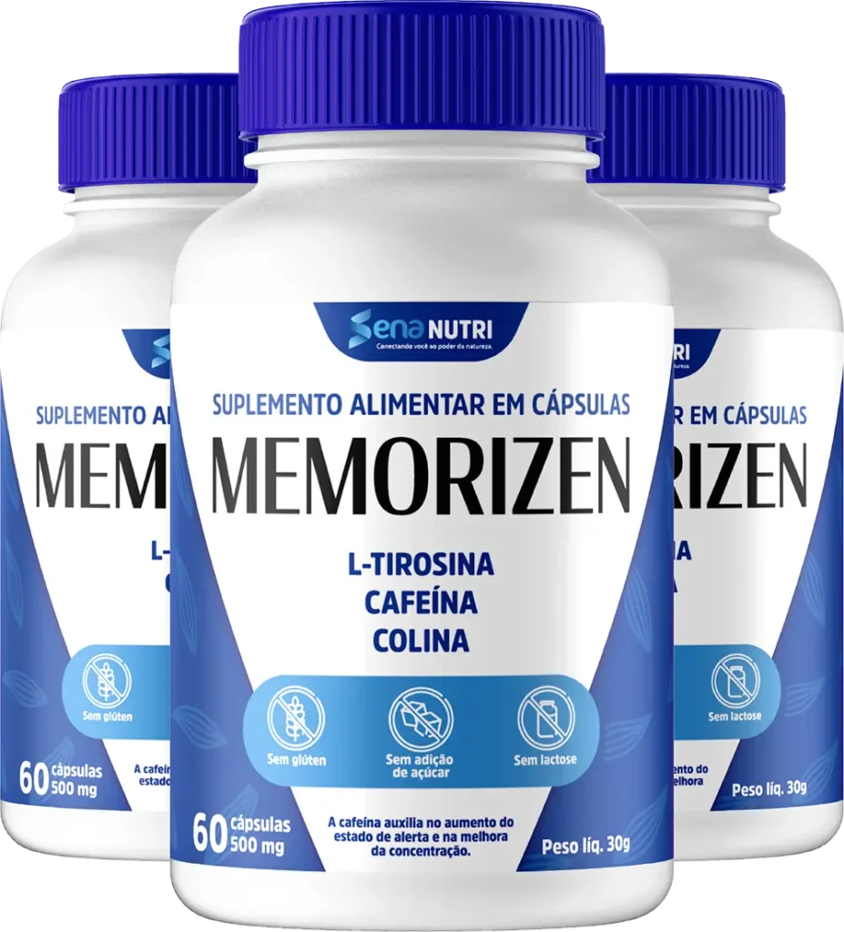 Frascos do suplemento Memorizen com L-tirosina, cafeína e colina, indicado para energia e foco mental.