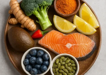 Prato com alimentos anti-inflamatórios: salmão, brócolis, abacate, sementes de abóbora, mirtilos, cúrcuma, pimentinha e limão.