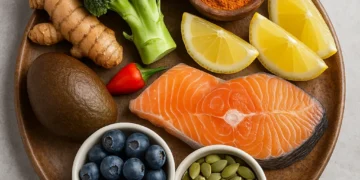 Prato com alimentos anti-inflamatórios: salmão, brócolis, abacate, sementes de abóbora, mirtilos, cúrcuma, pimentinha e limão.