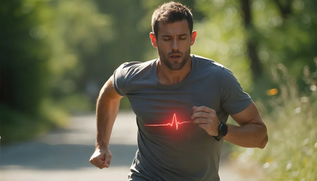 Homem correndo ao ar livre com batimentos cardíacos destacados, representando exercício cardiovascular.