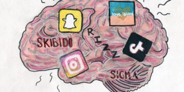 Boca do cérebro com logotipos de redes sociais e frases da internet como 'Skibidi', 'Rizz', 'Love Island' e 'Sigma