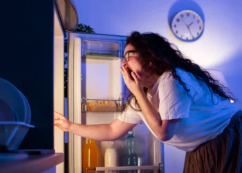 Mulher com sono abrindo a geladeira durante a madrugada em busca de algo para comer.