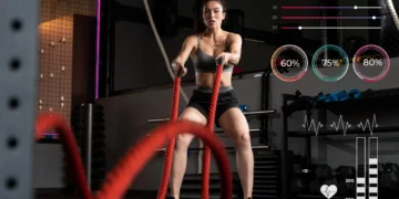 Mulher treinando com cordas de batalha em uma academia, monitorando seus dados de performance em tempo real.