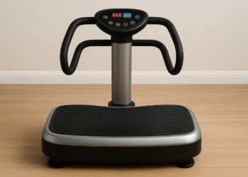 Plataforma vibratória moderna e compacta em preto e prata com painel digital.