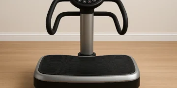 Plataforma vibratória moderna e compacta em preto e prata com painel digital.