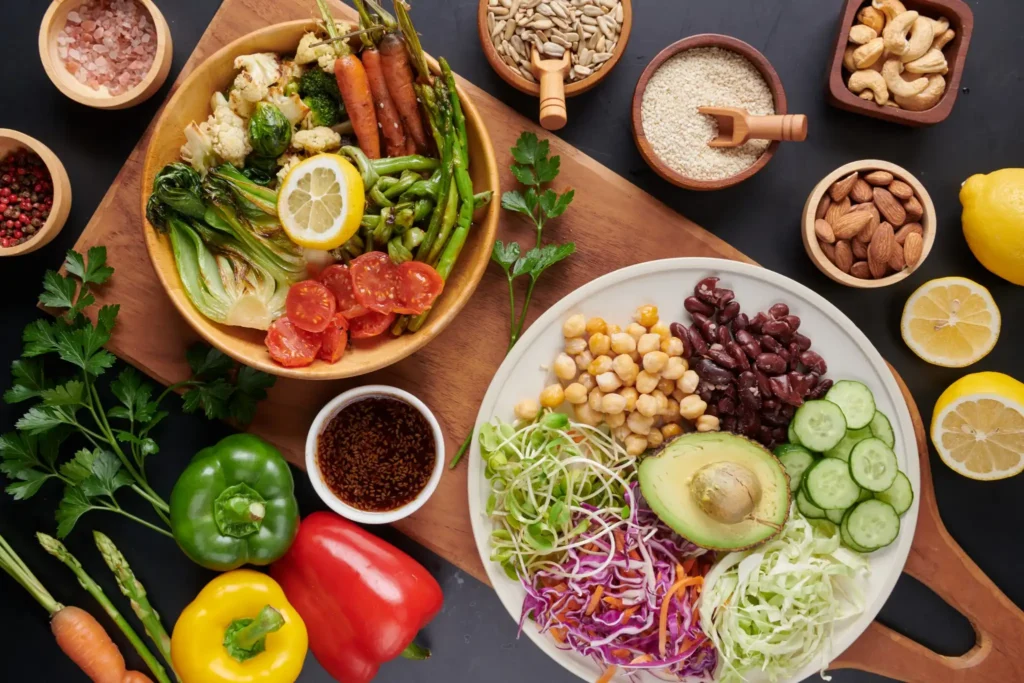 Prato colorido com vegetais frescos, legumes variados, grãos, sementes e castanhas, destacando uma alimentação saudável e rica em fibras.