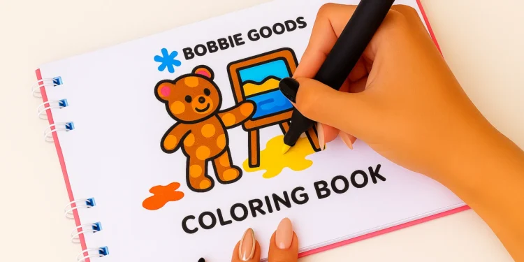 Mão colorindo o livro Bobbie Goods, usado como terapia para ansiedade e estresse.