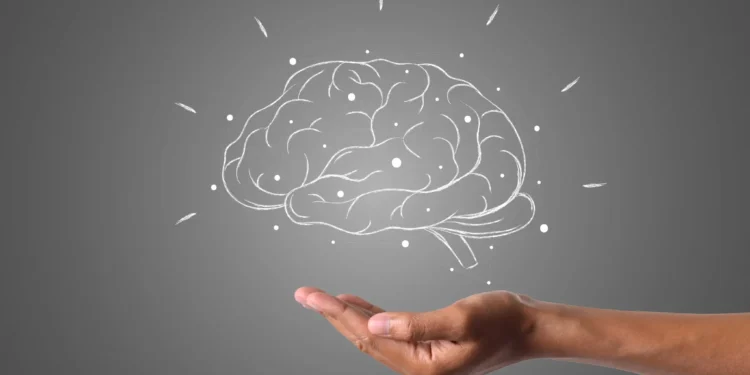 Ilustração de um cérebro desenhado com linhas brancas, flutuando acima de uma mão, representando o cuidado com a saúde mental e a memória.