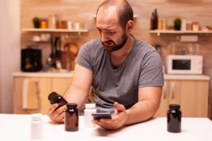 Homem preocupado analisando frasco de suplemento, refletindo sobre a responsabilidade no consumo.