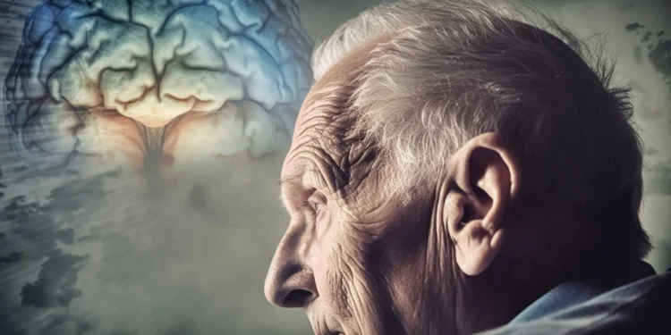 Imagem de um idoso refletindo sobre o envelhecimento cerebral, com representação visual de um cérebro em processo de envelhecimento acelerado.