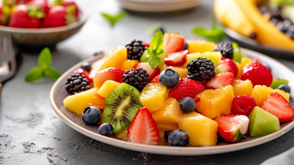 Salada colorida com frutas frescas como morango, kiwi, amora e abacaxi, ideal para uma alimentação leve e saudável.