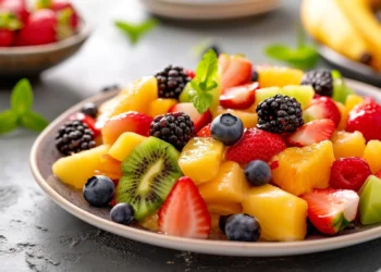 Salada colorida com frutas frescas como morango, kiwi, amora e abacaxi, ideal para uma alimentação leve e saudável.