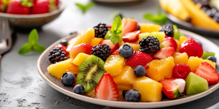 Salada colorida com frutas frescas como morango, kiwi, amora e abacaxi, ideal para uma alimentação leve e saudável.