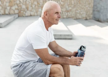 Homem idoso descansando após exercício físico com suplemento em mãos