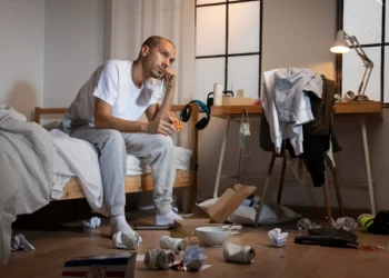 Jovem sentado em uma cama desarrumada, cercado por objetos e lixo, refletindo a desordem de um ambiente que pode afetar a saúde mental.