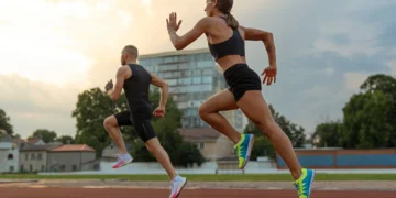 Corredores em movimento, aprimorando seu desempenho com exercícios de fortalecimento na pista.