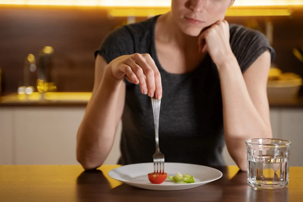Mulher com expressão pensativa comendo tomate e alface em prato quase vazio
