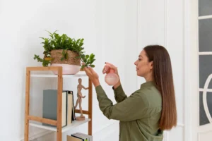 Mulher regando uma planta em um ambiente organizado, representando o impacto positivo de um espaço limpo no bem-estar e na produtividade.