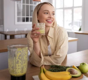 Mulher sorrindo enquanto segura um copo de vitamina, com ingredientes como banana, maçã verde e abacate ao seu redor.