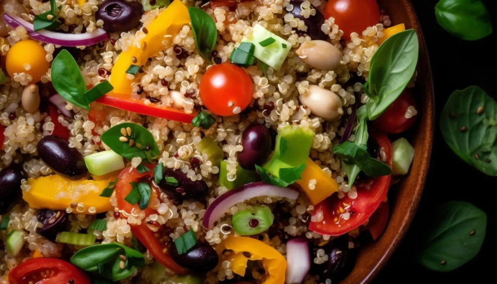Salada com quinoa, vegetais coloridos e folhas frescas