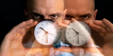 Relógios sendo segurados por homem, com uma expressão intensa, representando o conceito de relógio biológico e sua influência na saúde humana.