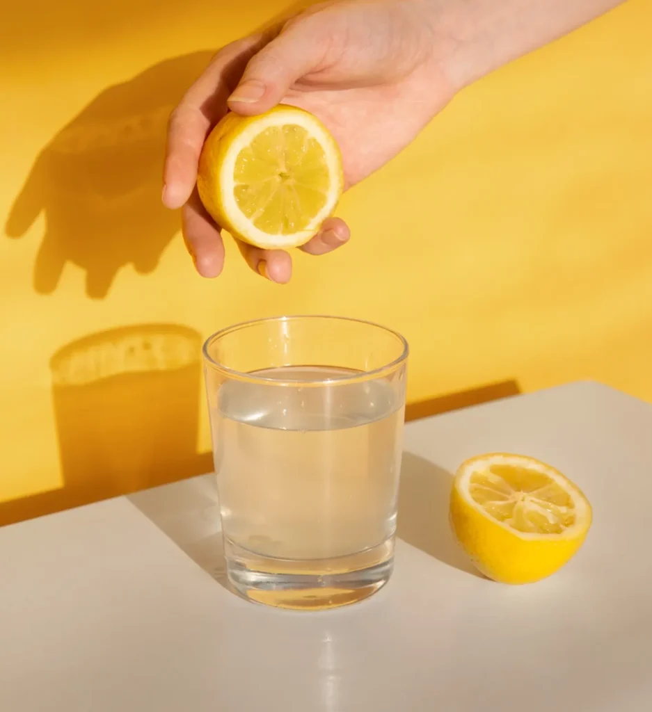 Mão espremendo limão em copo com água, como alternativa ao refrigerante.