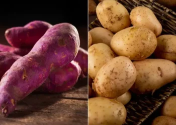 Batata-doce e batata inglesa lado a lado, representando comparação entre os dois alimentos para treinos e dieta.