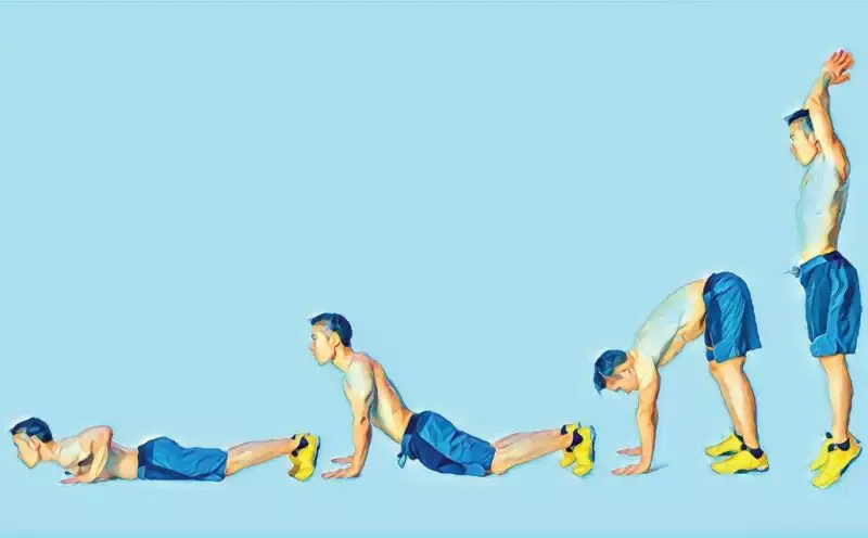 Passos do exercício Burpee, desde a posição inicial até o salto final com braços estendidos.