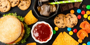 Refeição com hambúrguer, batatas fritas, refrigerante, doces e cookies, típica de comida ultraprocessada.
