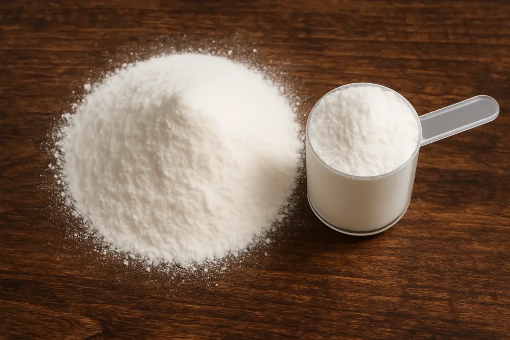 Creatina ao lado, representando suplemento alimentar para musculação e outros benefícios para o corpo.