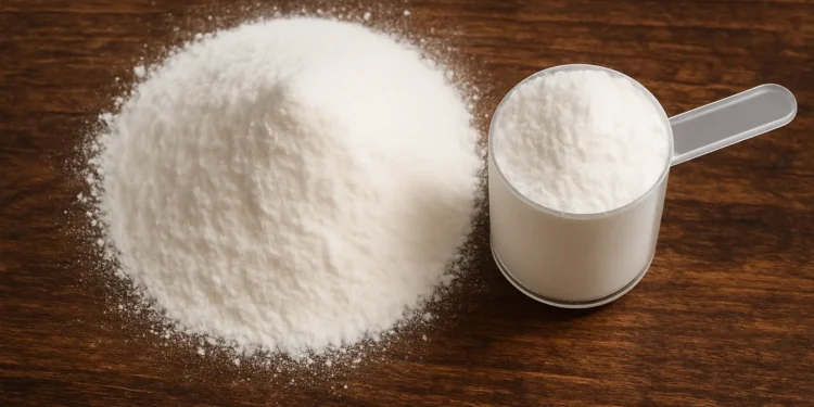 Creatina ao lado, representando suplemento alimentar para musculação e outros benefícios para o corpo.