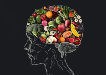 Ilustração de um cérebro humano composto por frutas e vegetais, representando a dieta MIND para a saúde mental e física