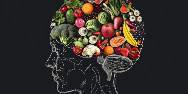 Ilustração de um cérebro humano composto por frutas e vegetais, representando a dieta MIND para a saúde mental e física