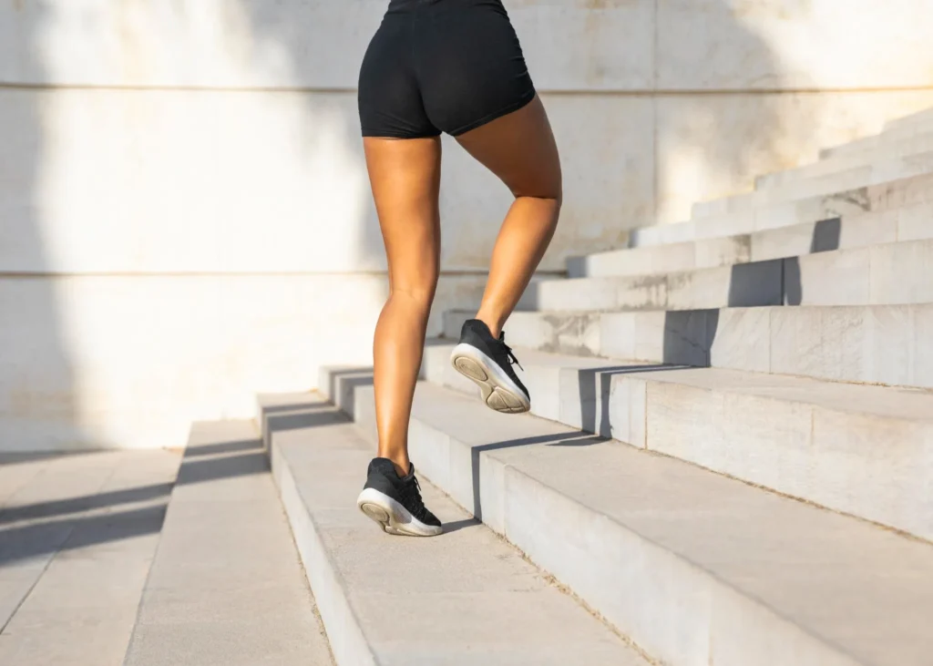 Mulher subindo degraus usando força de uma perna só para exercício.
