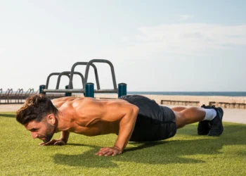 Homem fazendo flexões ao ar livre, focando no treino de tríceps com esforço.