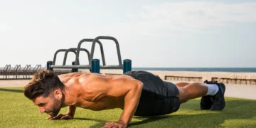 Homem fazendo flexões ao ar livre, focando no treino de tríceps com esforço.