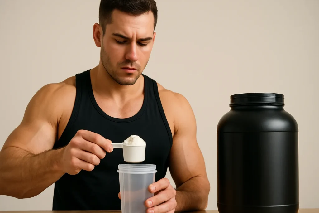 Homem medindo suplemento em pó para ganhar massa muscular, considerando alternativas ao whey.